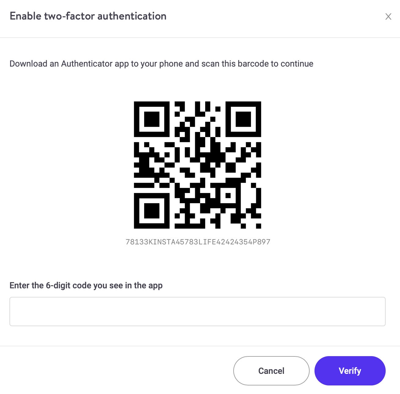 Twee-factor authenticatie inschakelen in het MyKinsta-dashboard.