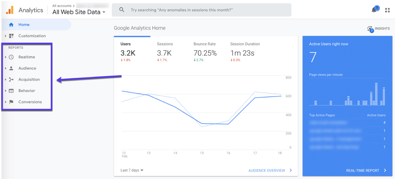 Wat je in het "Home" dashboard van Google Analytics ziet