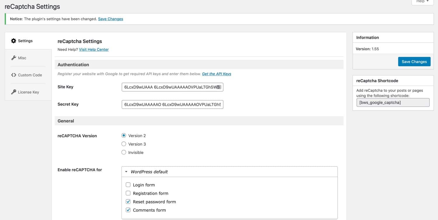 reCAPTCHA plugin instellingen