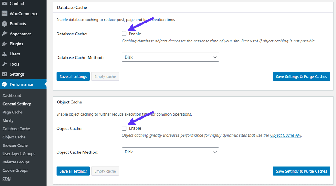 Schakel database en object caching uit