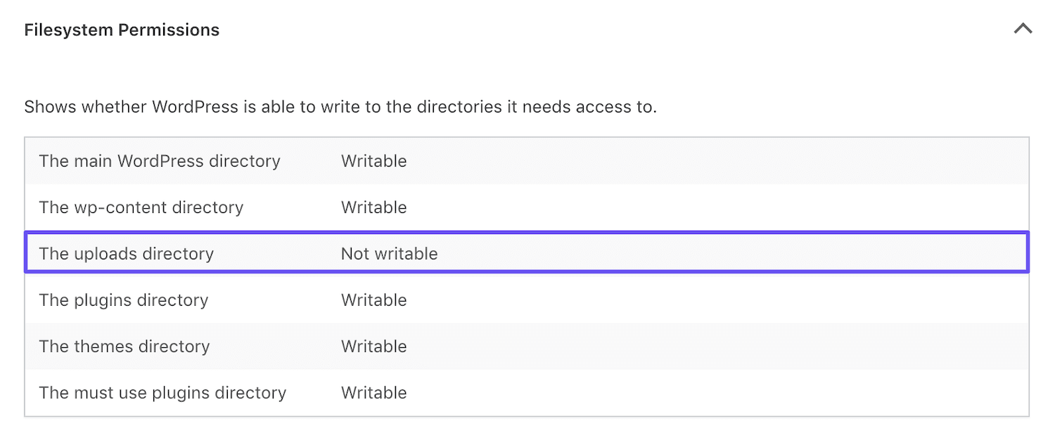 Dropdown-menu Rechten van het bestandssysteem in Site Health tool