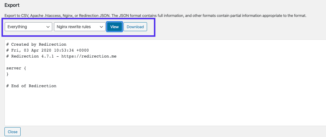 De sectie 'Export' van de WordPress-plugin Redirection