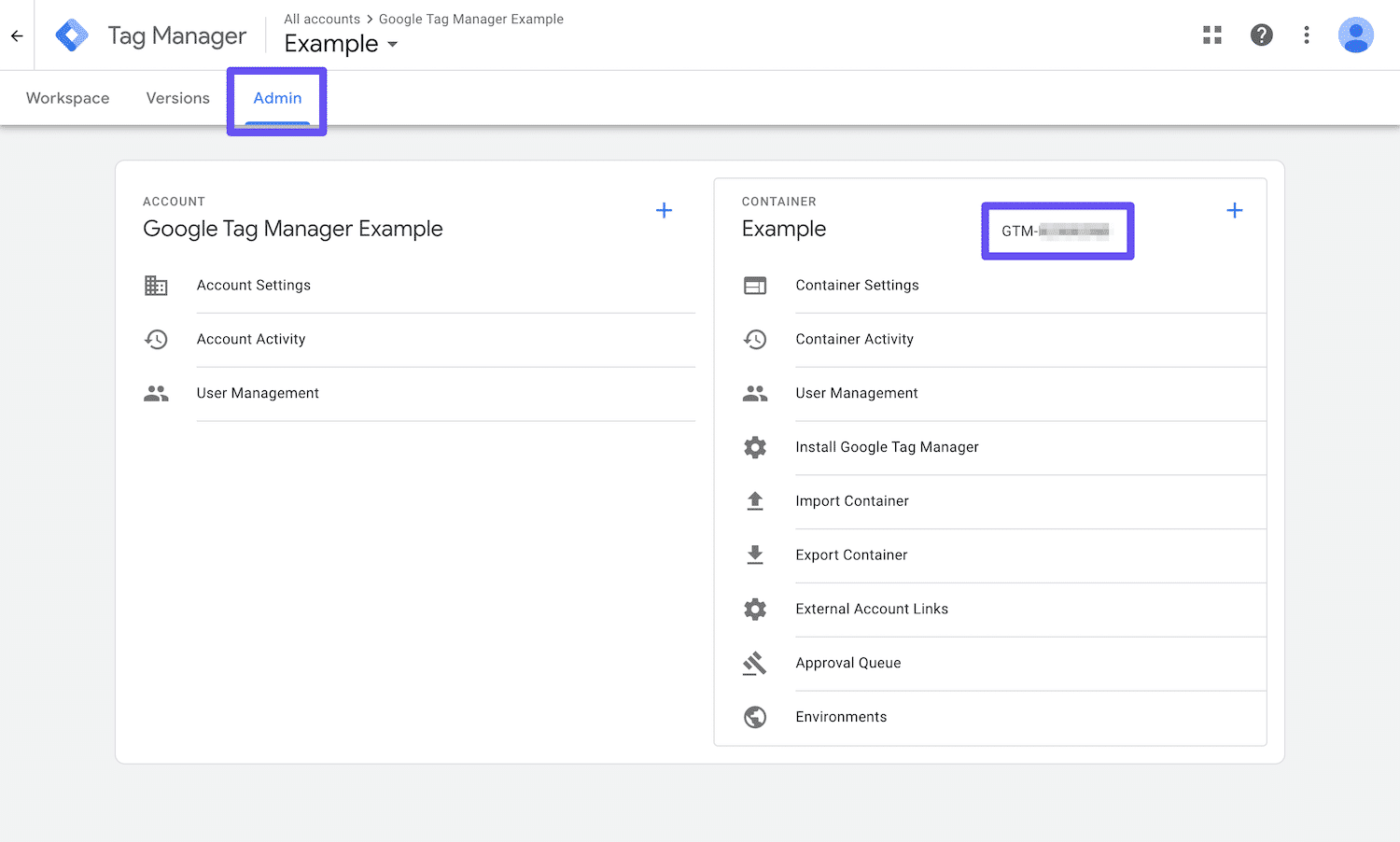 Het vinden van het container ID in Google Tag Manager