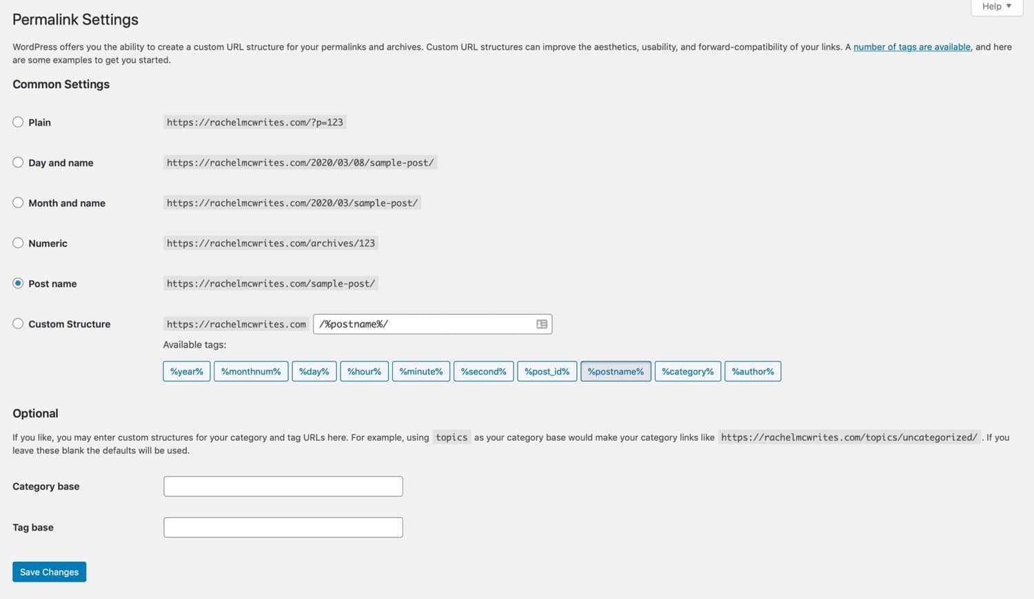 Instellingenscherm voor permalinks