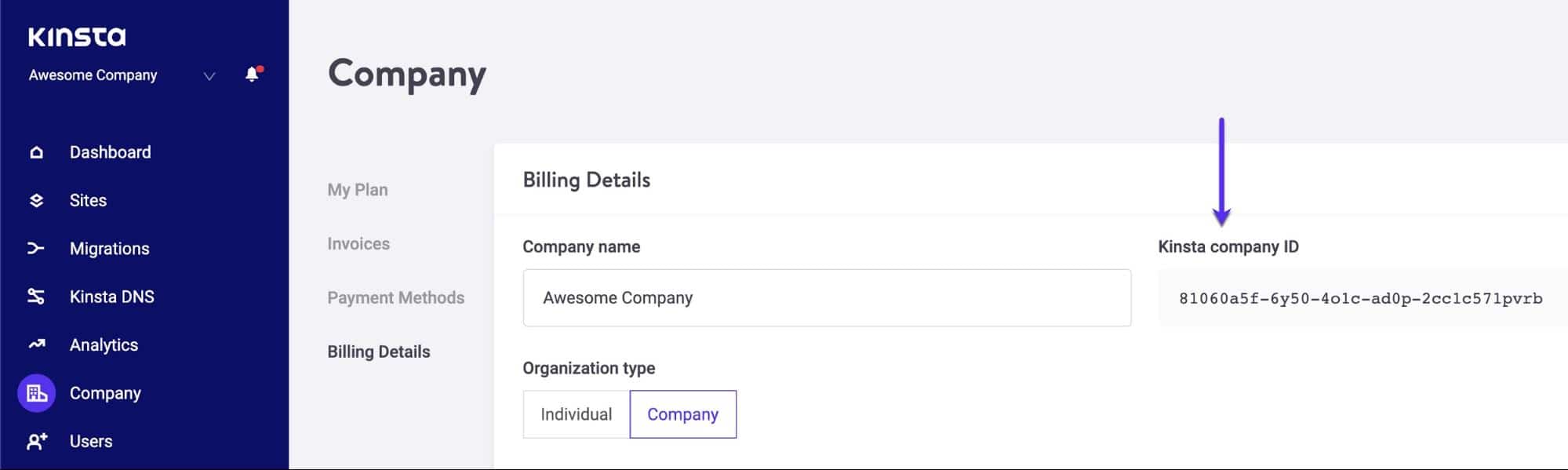 Kinsta bedrijf ID in MyKinsta.