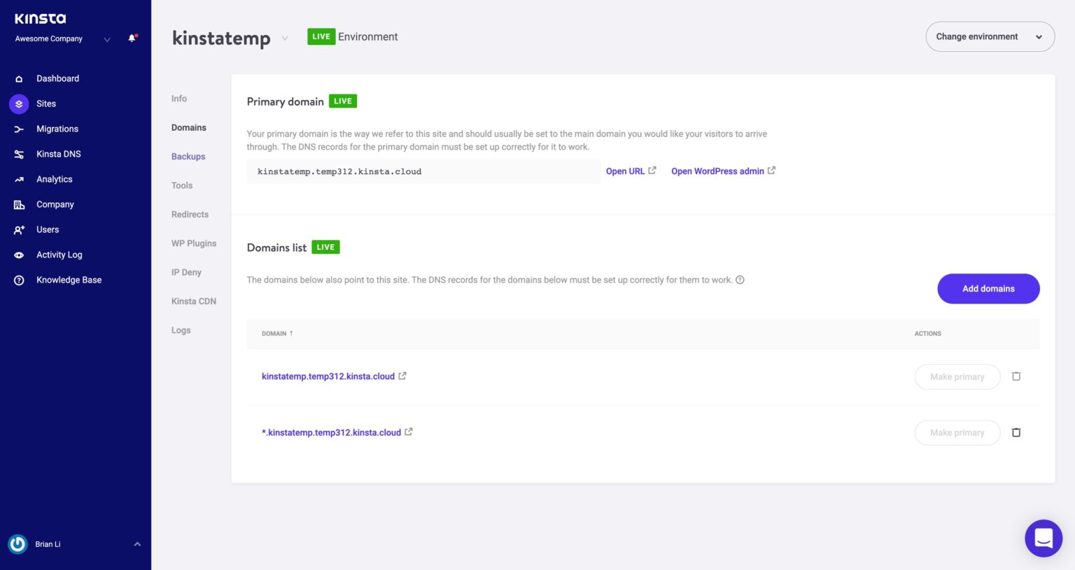 WordPress temporary URL for all Kinsta sites.