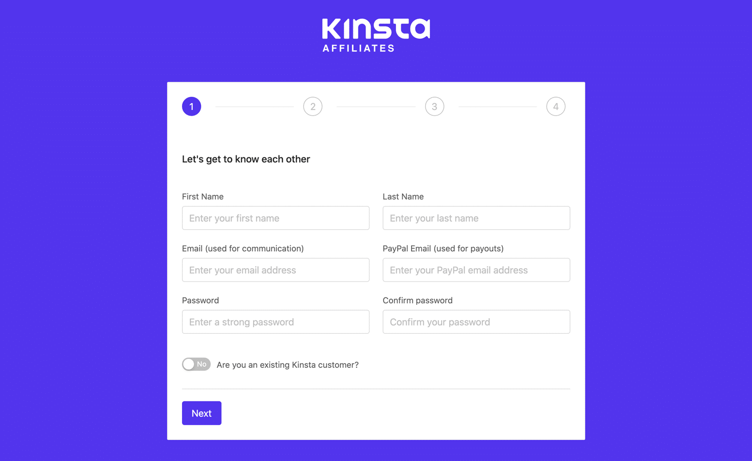 Registeren als Kinsta affiliate.