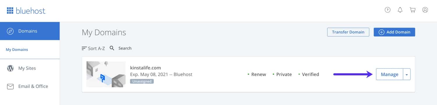 Bluehost dashboard voor domeinbeheer.