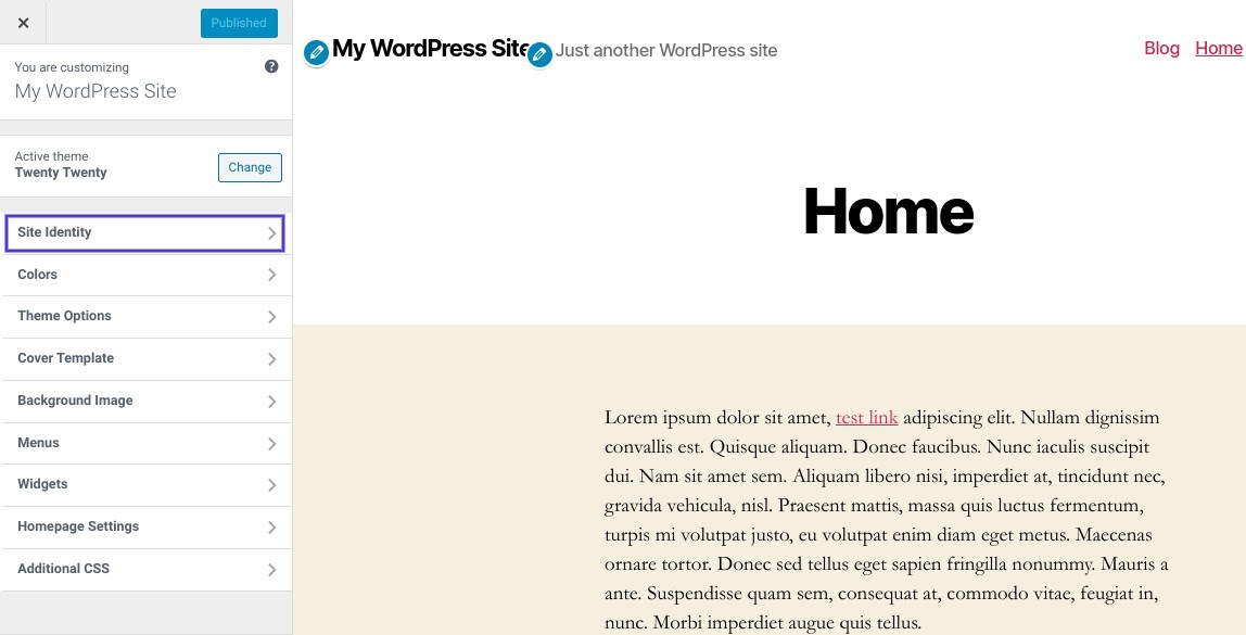 De ‘Site Identity’ optie in de WordPress Customizer