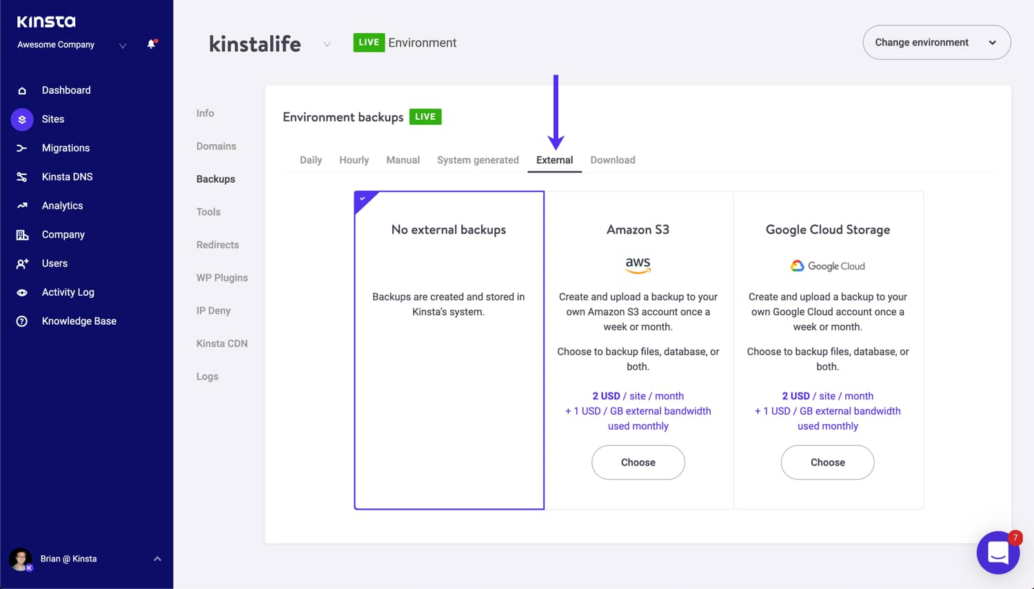 Externe backups inschakelen in MyKinsta.