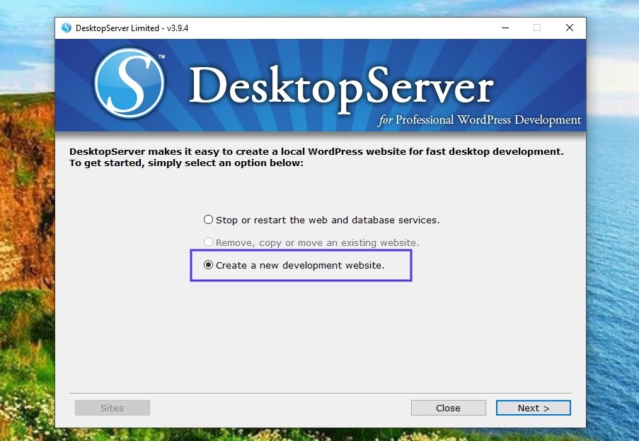 De optie voor het aanmaken van een nieuwe development website in DesktopServer
