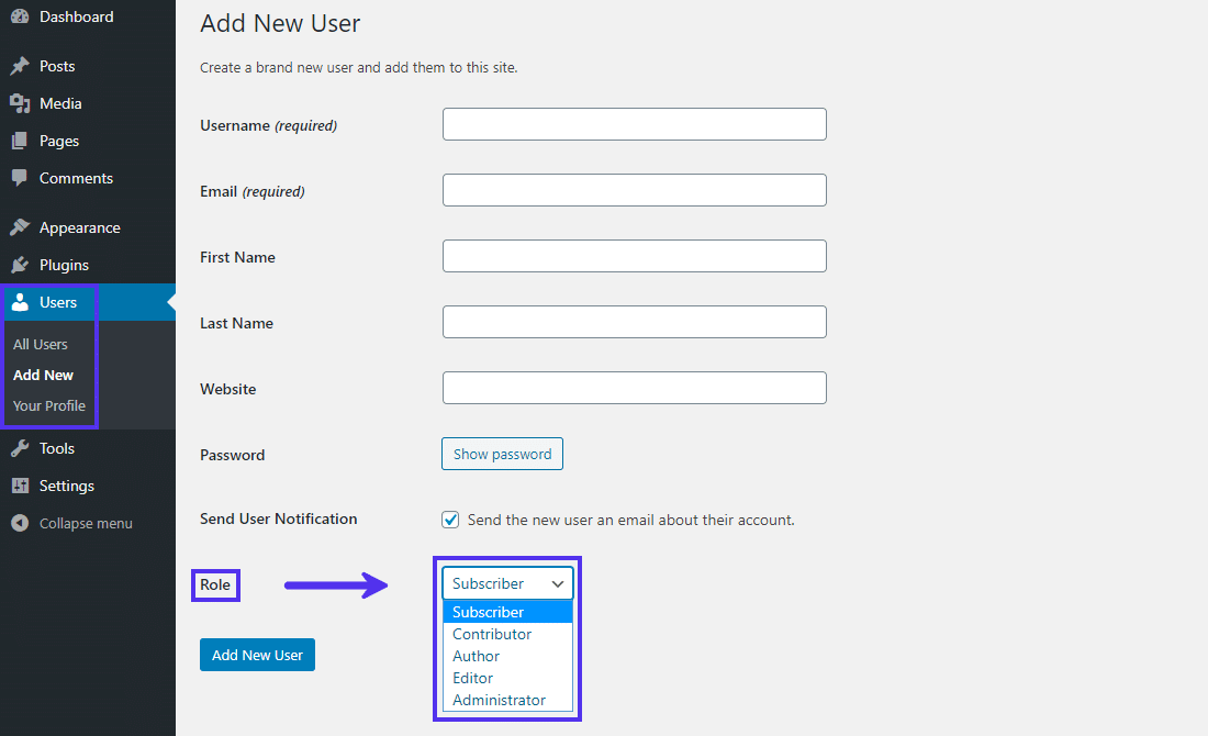 Het scherm "Add New User" in het WordPress dashboard