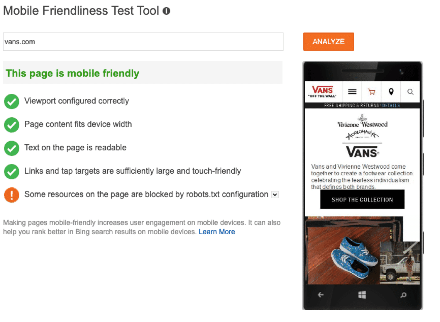Bing's mobile friendliness test tool