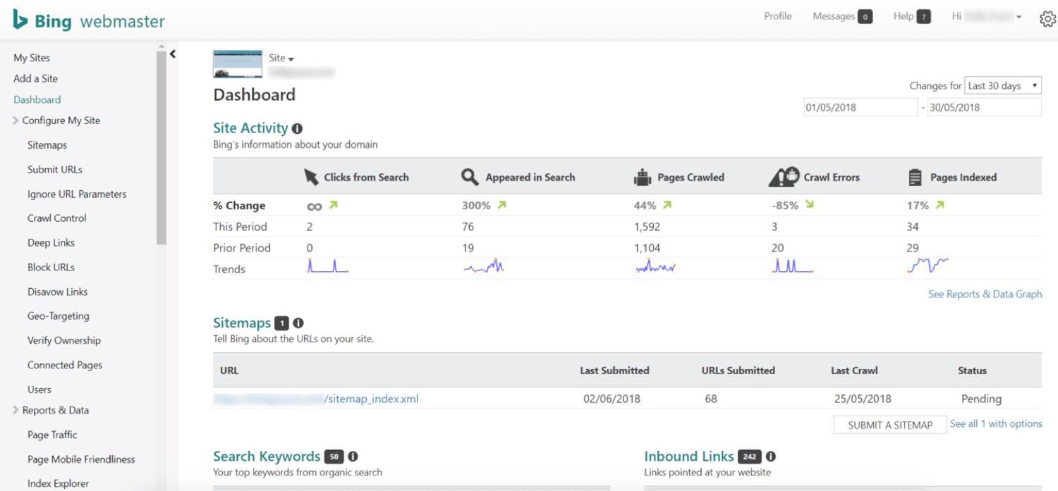 Bing Webmaster Tools Dashboard