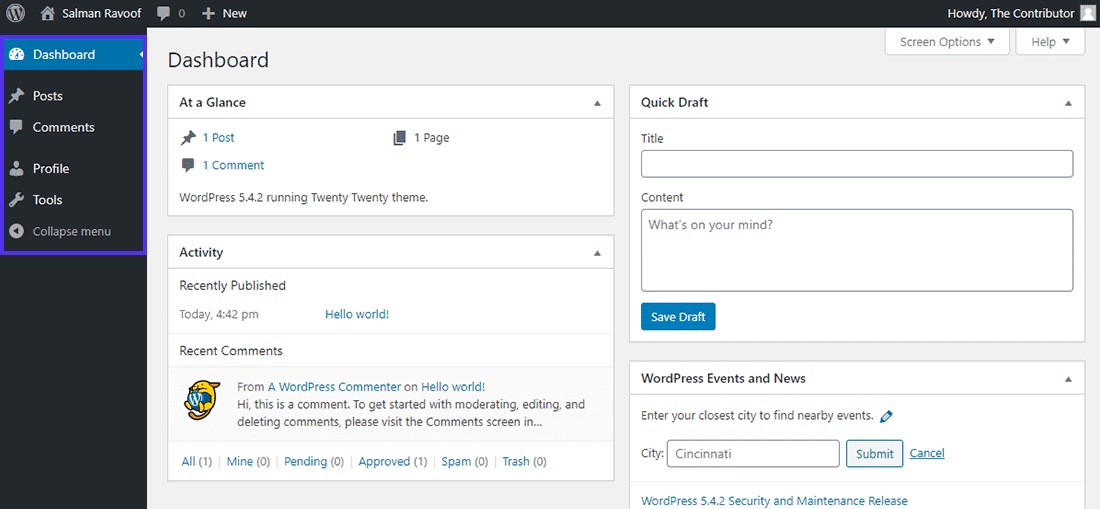 Het ‘Contributor’ role dashboard in WordPress