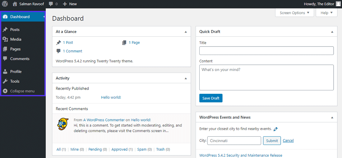 Het dashboard van de 'Editor' in WordPress