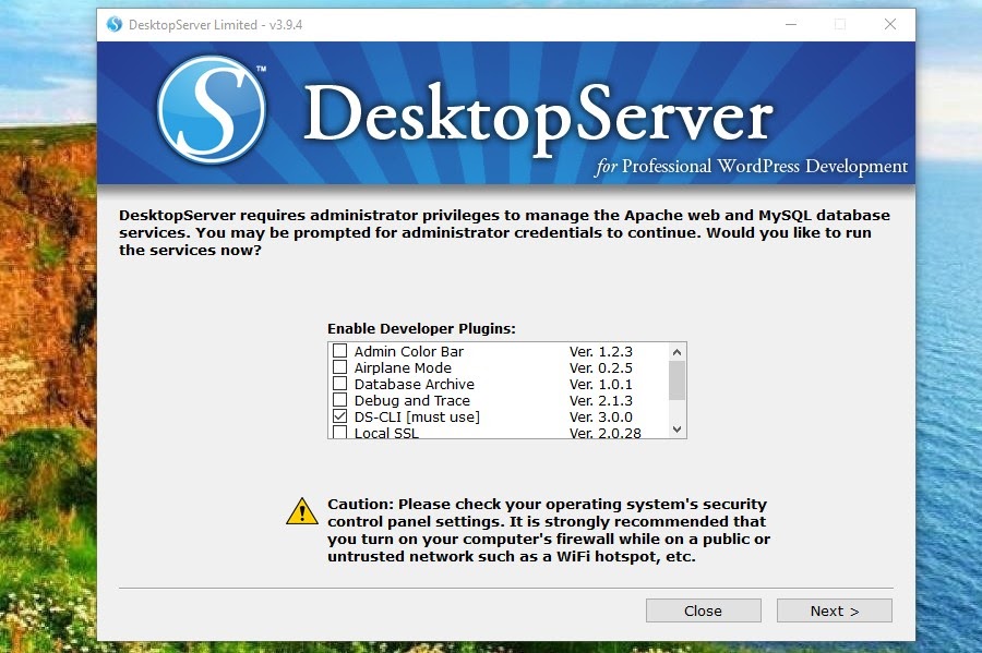 Het DesktopServer developer plugins scherm