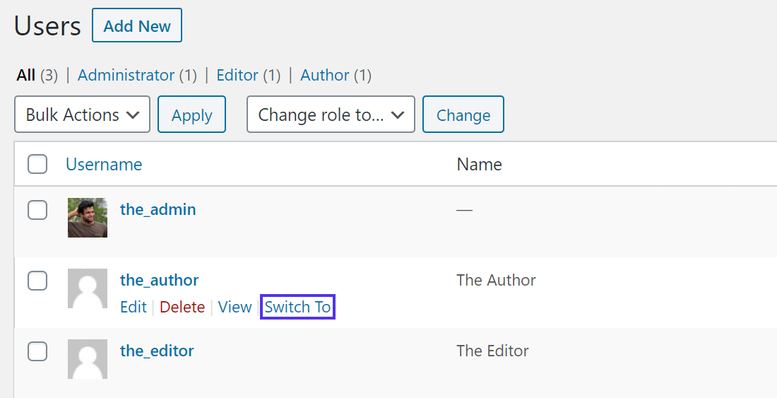 Klik op de 'Switch to' link om naar de gewenste gebruiker te gaan.