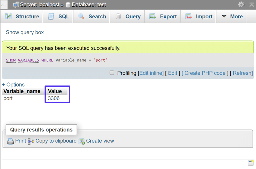 Het MySQL poortnummer na het uitvoeren van de query