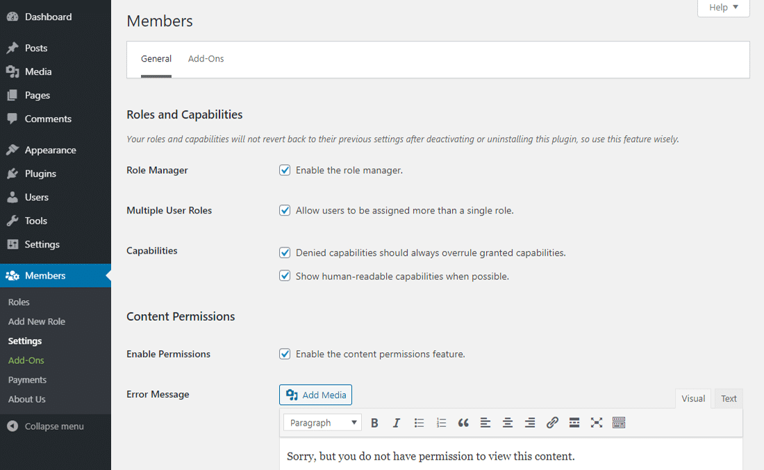 Het panel 'General Settings' in Members