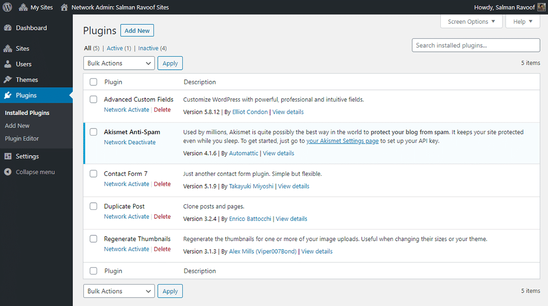 Het panel 'Plugins' binnen een Network Admin dashboard