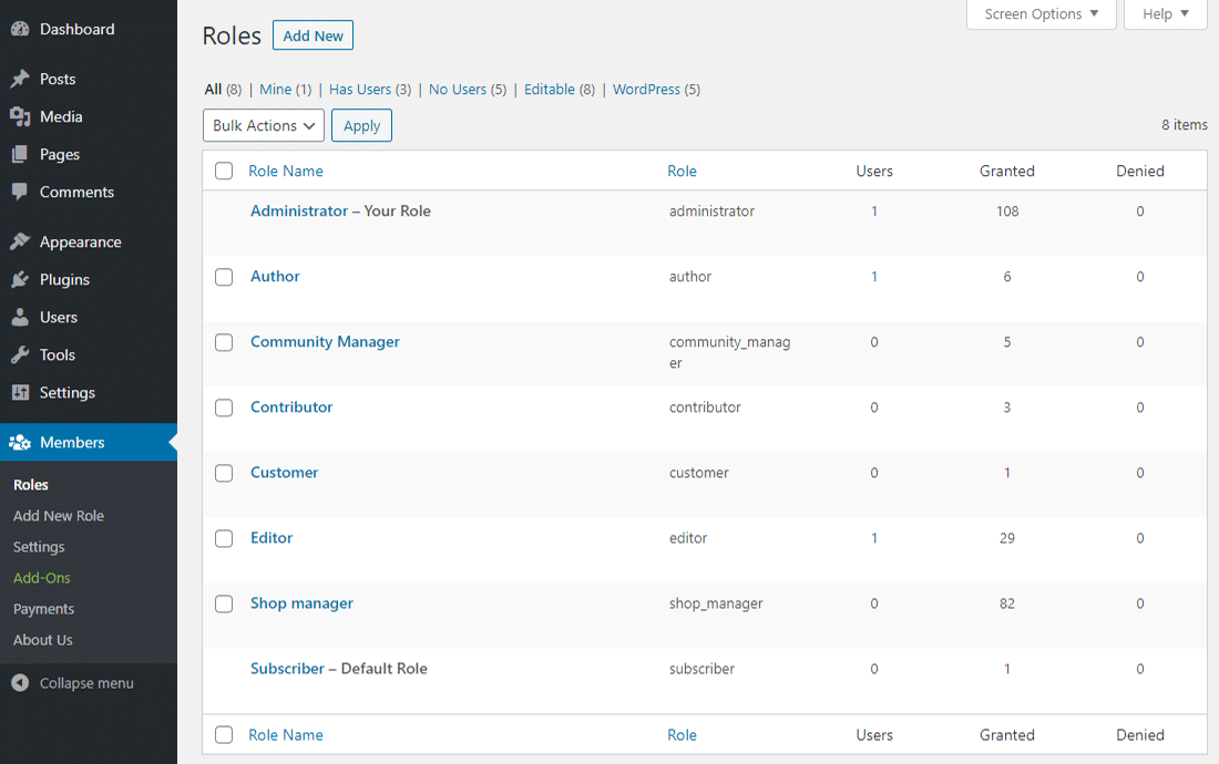 Het panel 'Roles' in Members