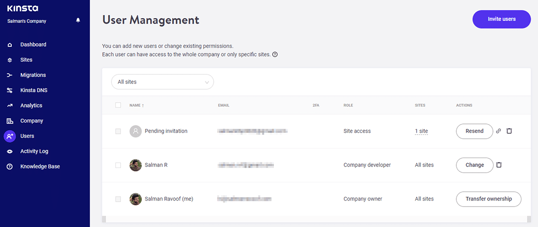 Het 'User Management' scherm binnen het MyKinsta dashboard