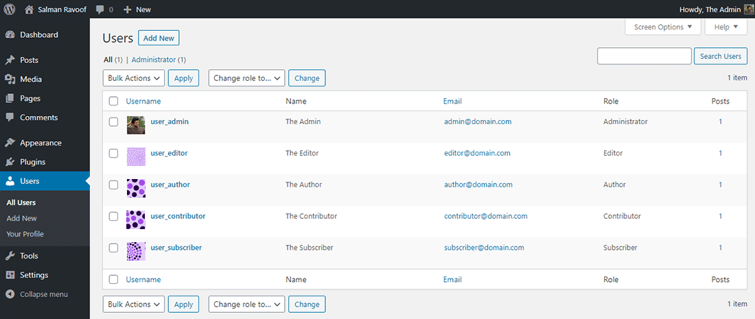 Het scherm "Users" in het WordPress dashboard