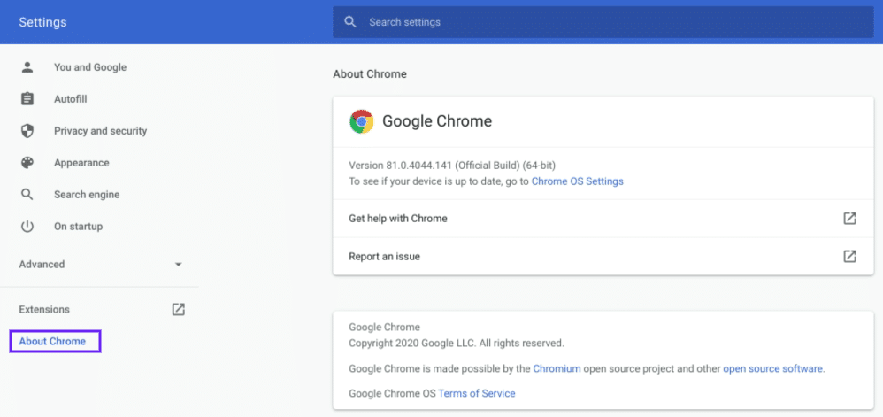 De About pagina van Chrome browser