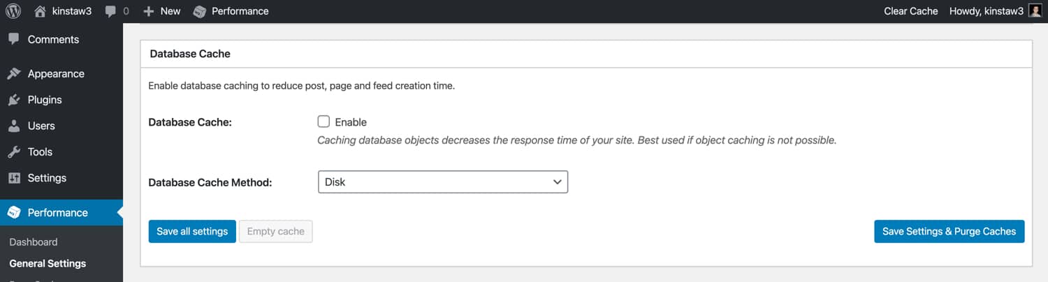 Databasecaching in W3 Total Cache.