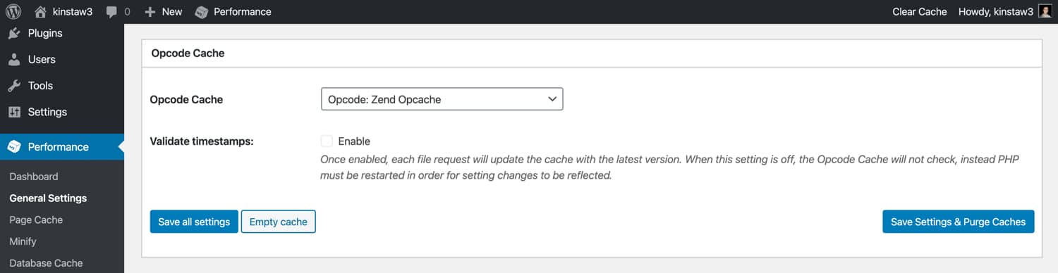 Inschakelen van opcode caching in W3TC.