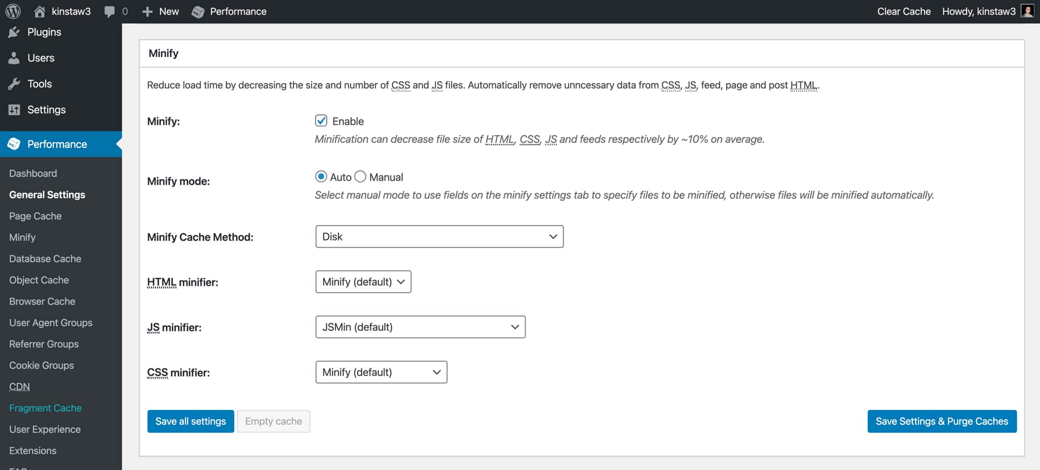 Minify HTML, CSS, en JavaScript assets in W3TC.