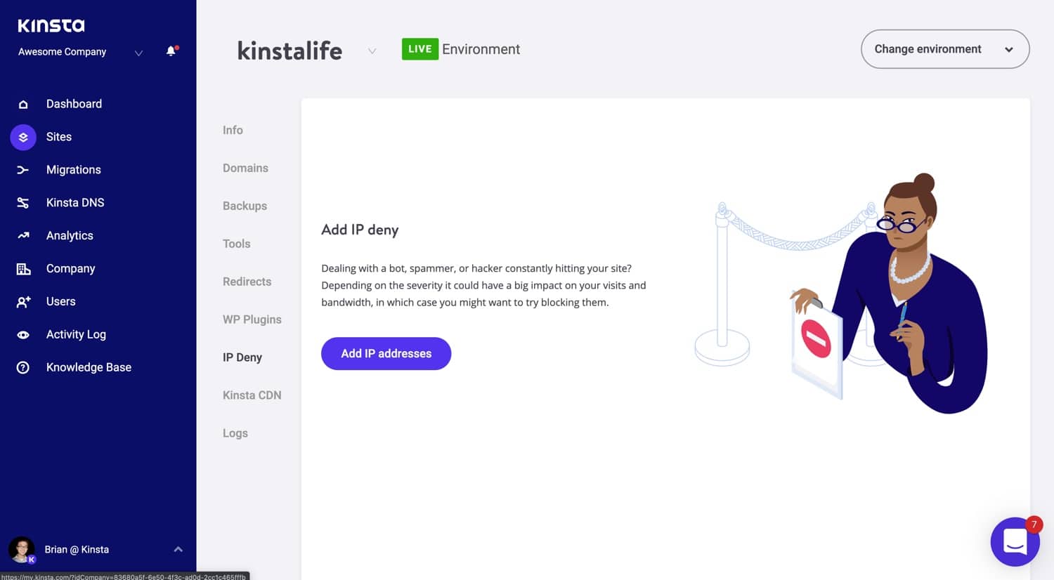 De IP Deny tool in MyKinsta.