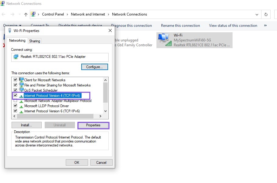 Het venster Wi-Fi Properties in Windows