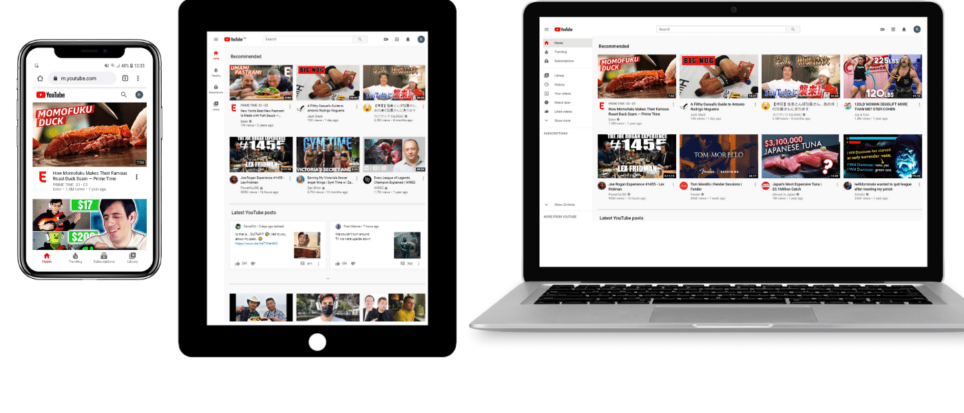 YouTube op mobile, tablet, en laptop