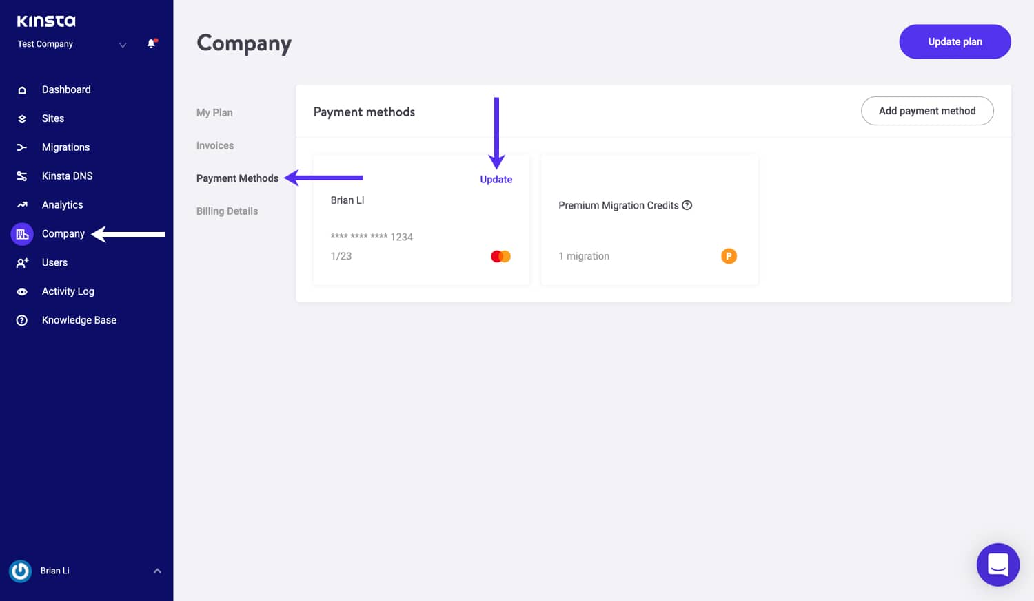 Payment methods in MyKinsta.