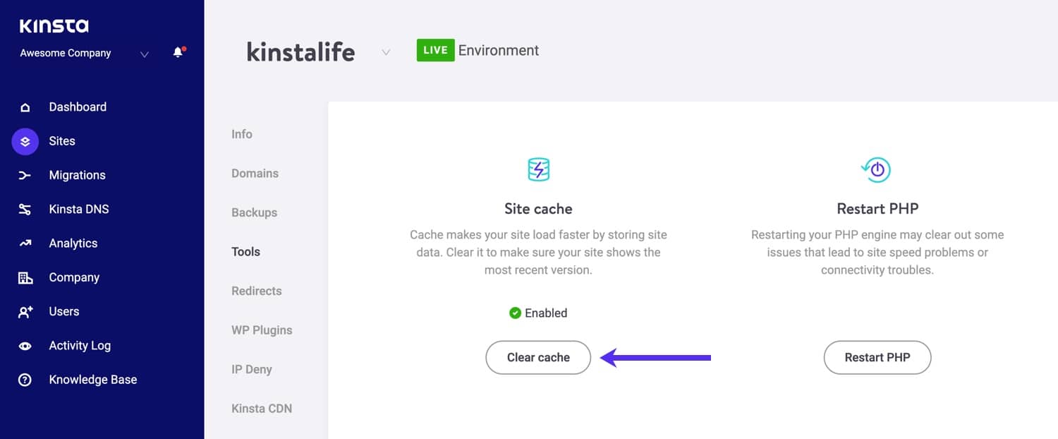 Wis de WordPress cache in MyKinsta.