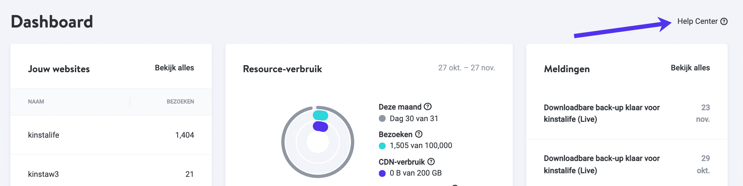 Eenvoudige toegang tot het Help Center in MyKinsta