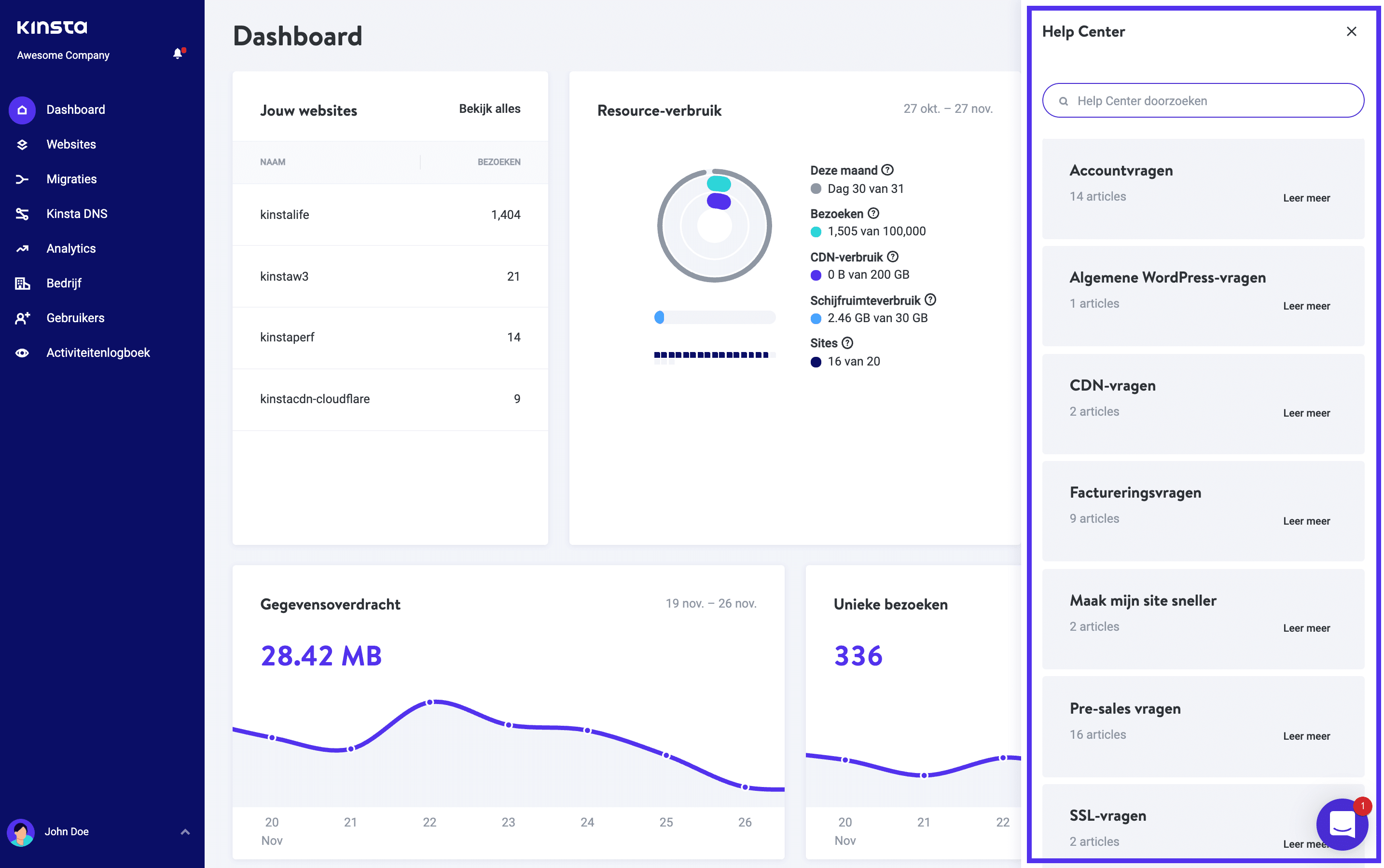 Help Center geeft een lijst met categorieën weer in MyKinsta