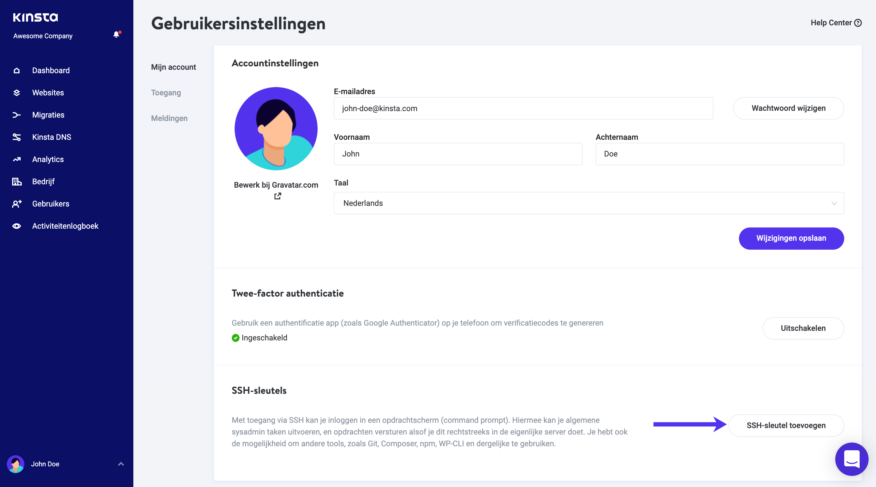 Voeg SSH-sleutels toe in MyKinsta.
