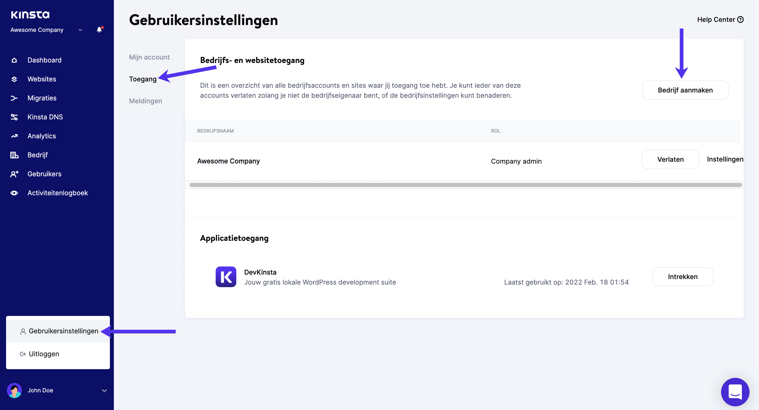 Maak een nieuw bedrijf aan in MyKinsta.