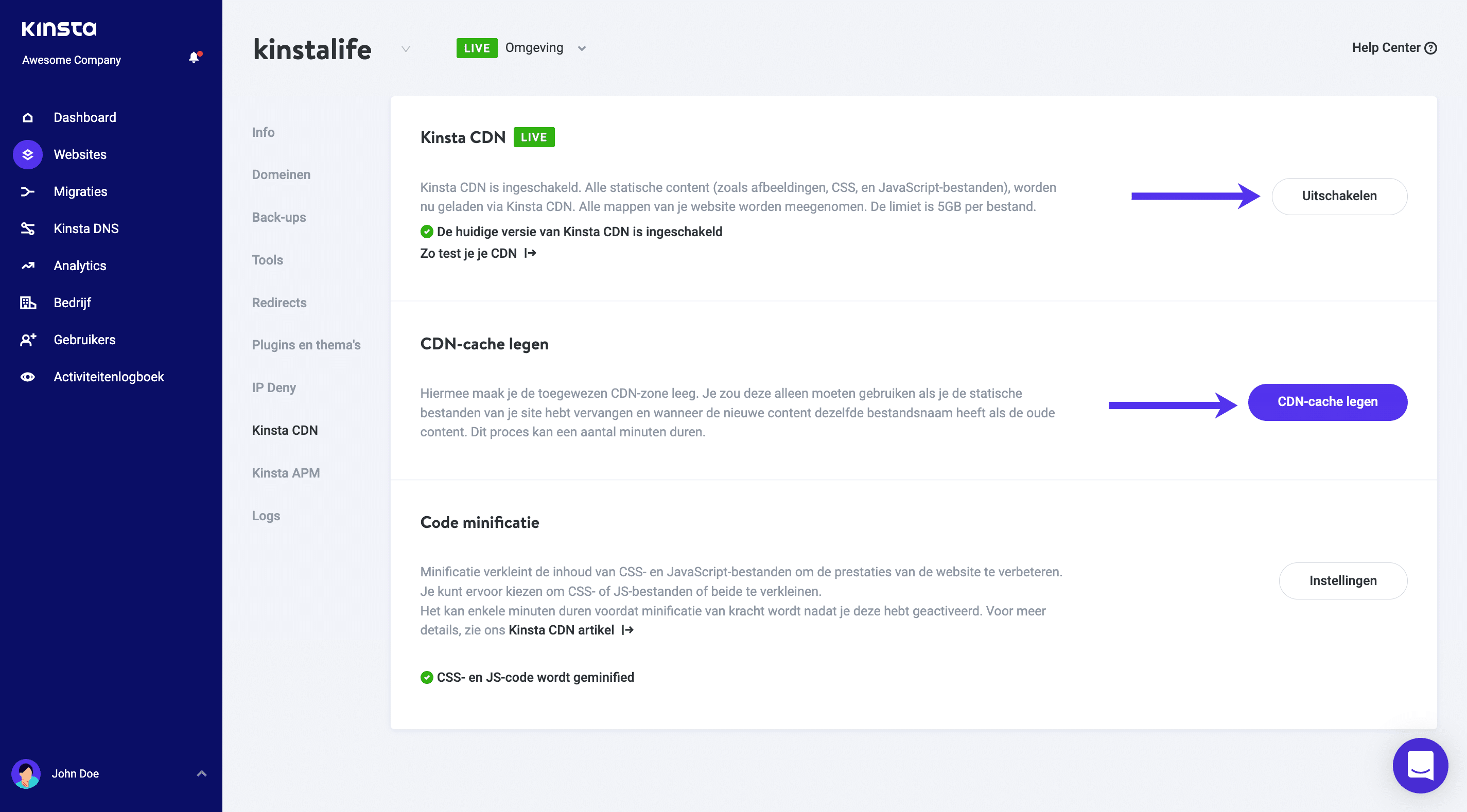 Kinsta CDN uitschakelen of CDN cache legen in MyKinsta.