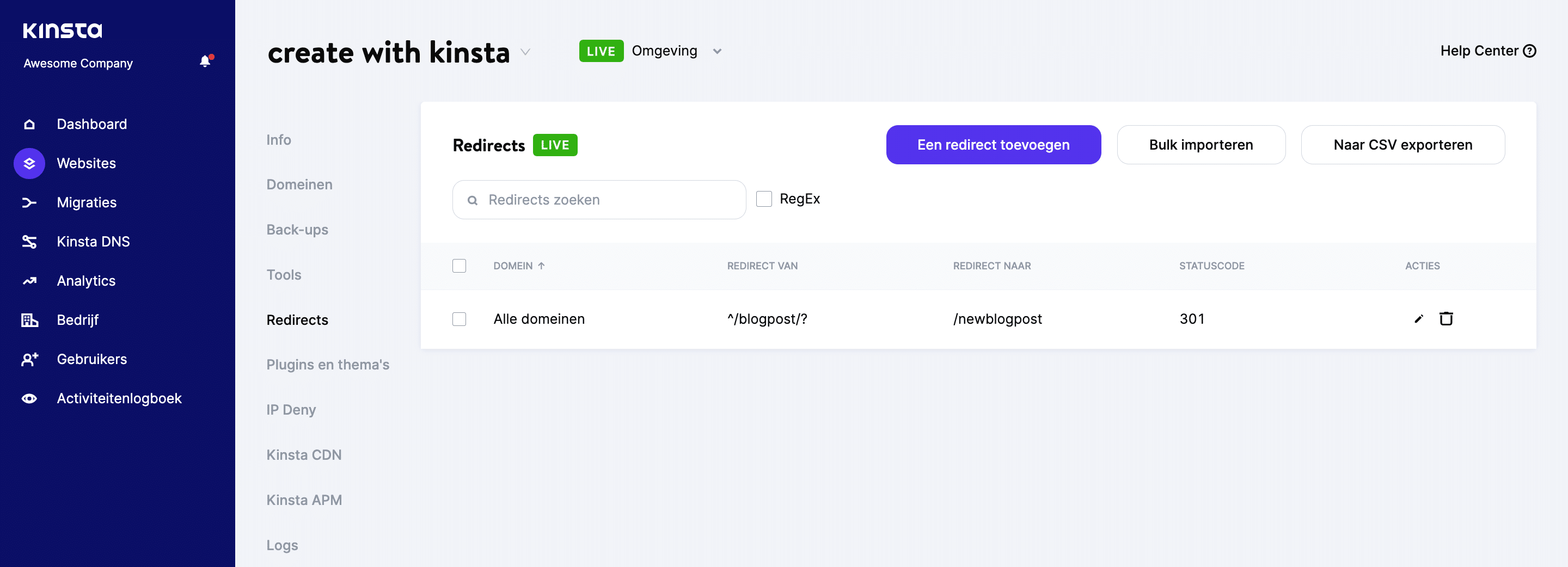 Beheren van redirectregels in MyKinsta.