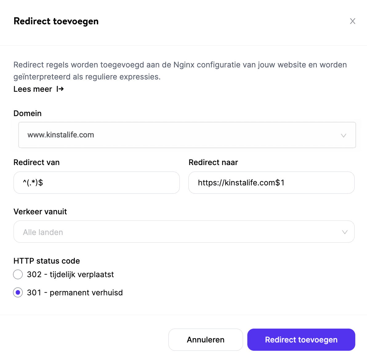 Redirect www-verkeer met een 301-redirect.