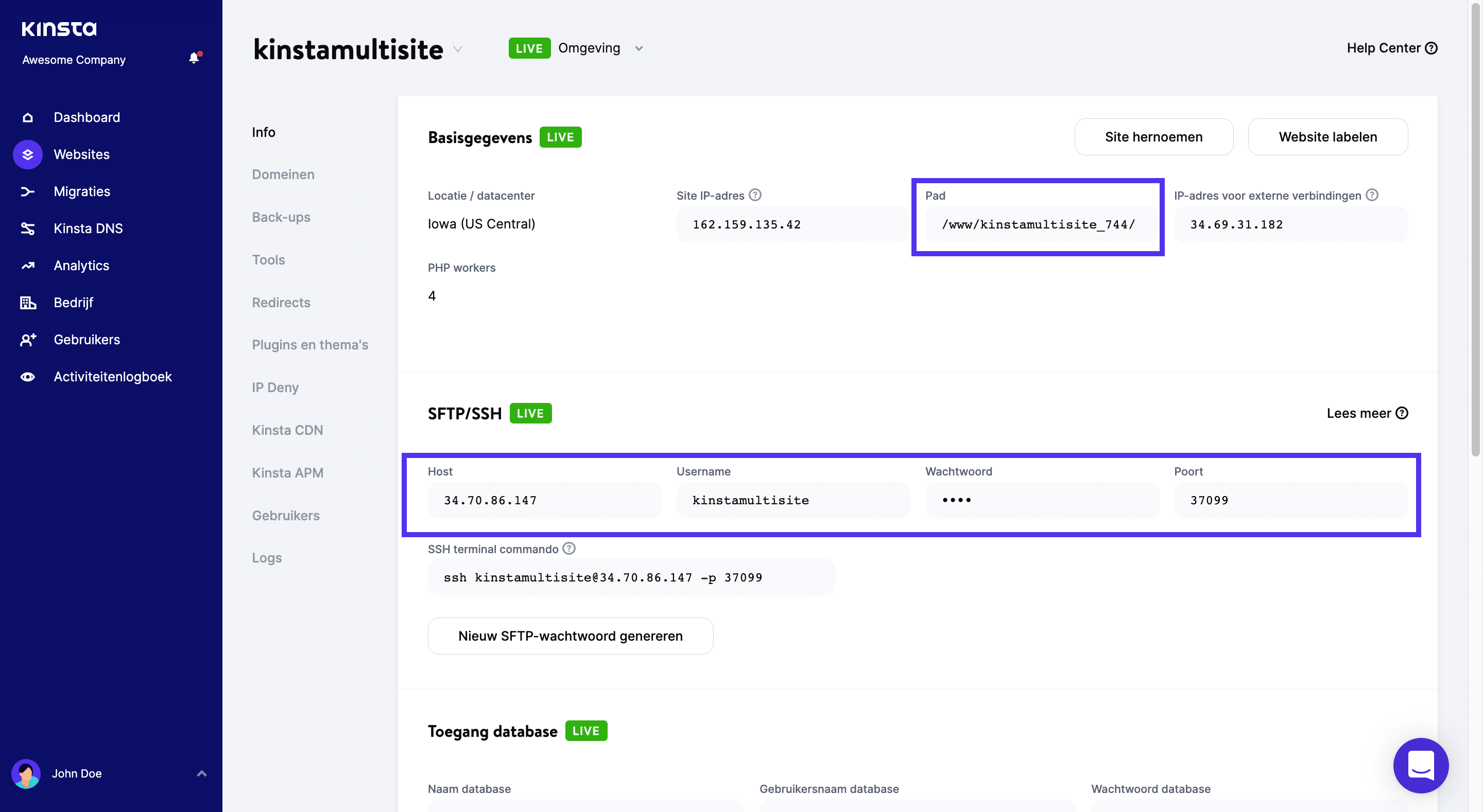 Vind je SFTP gegevens in MyKinsta.