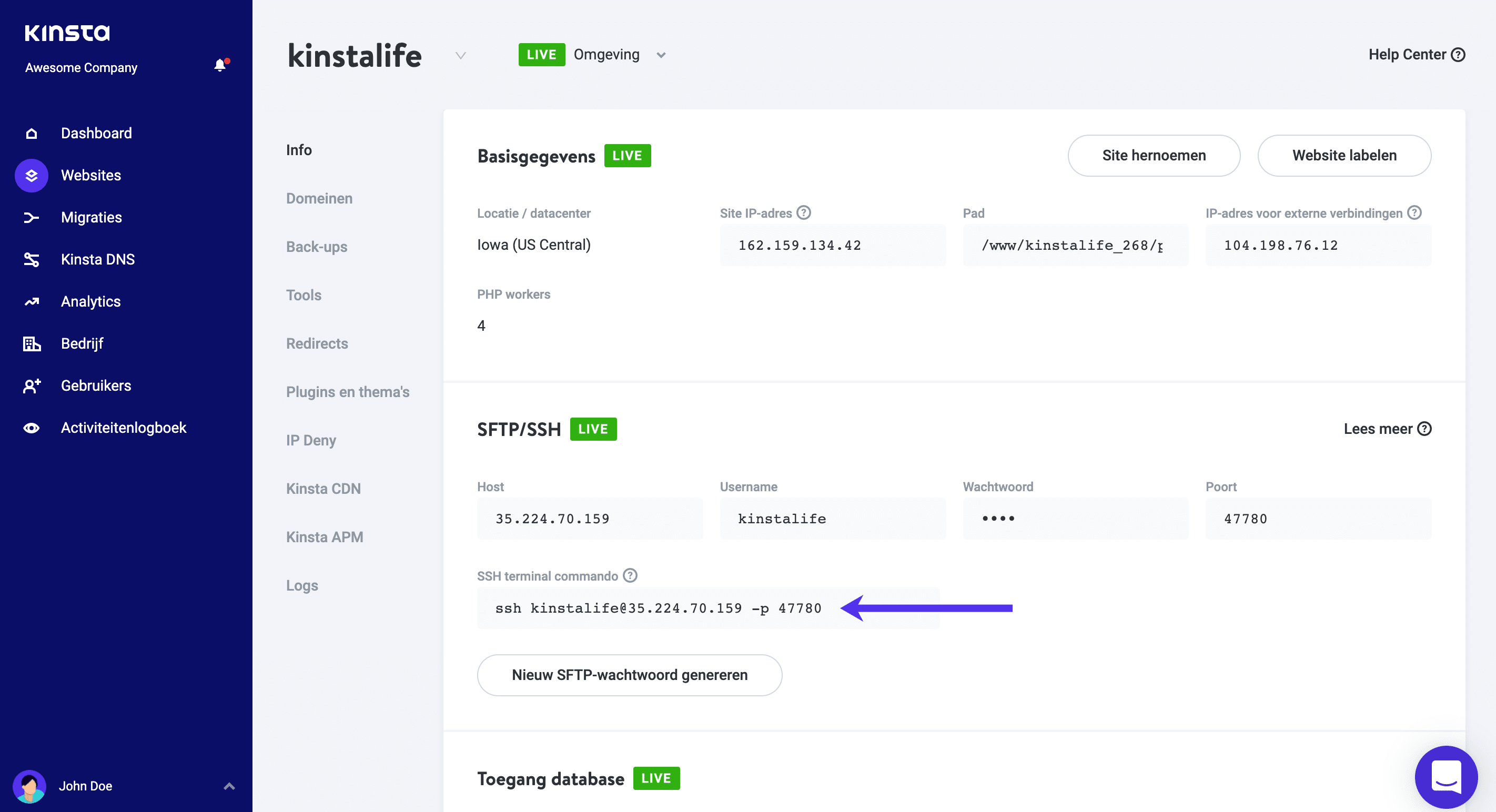 SSL terminalopdracht in MyKinsta.