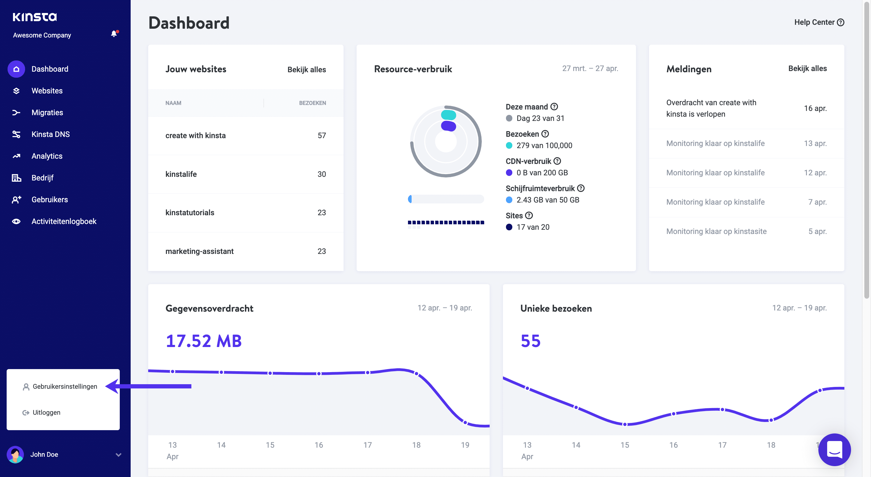 Ga naar Gebruikersinstellingen in MyKinsta.