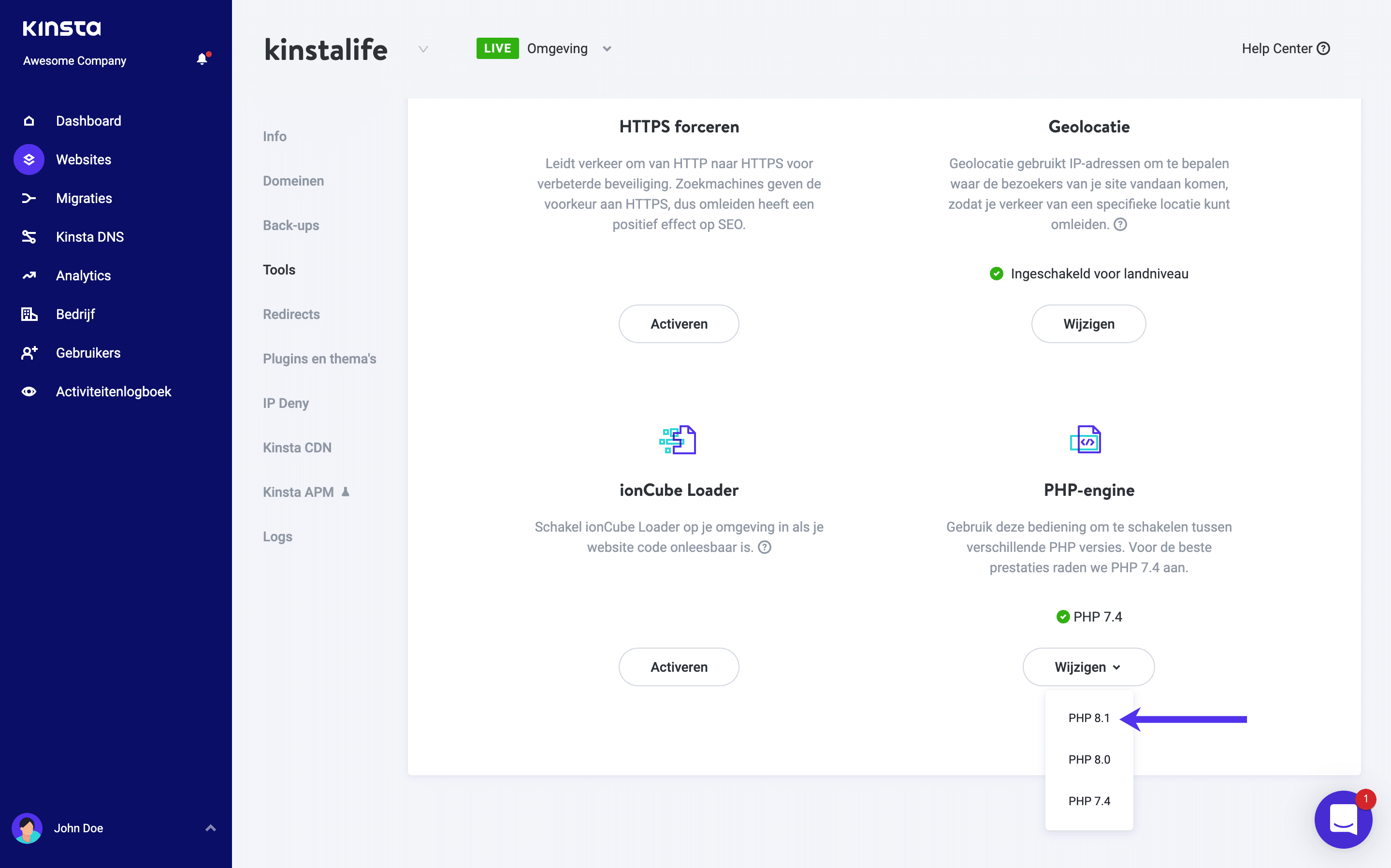 Overschakelen naar PHP 8.1 in MyKinsta