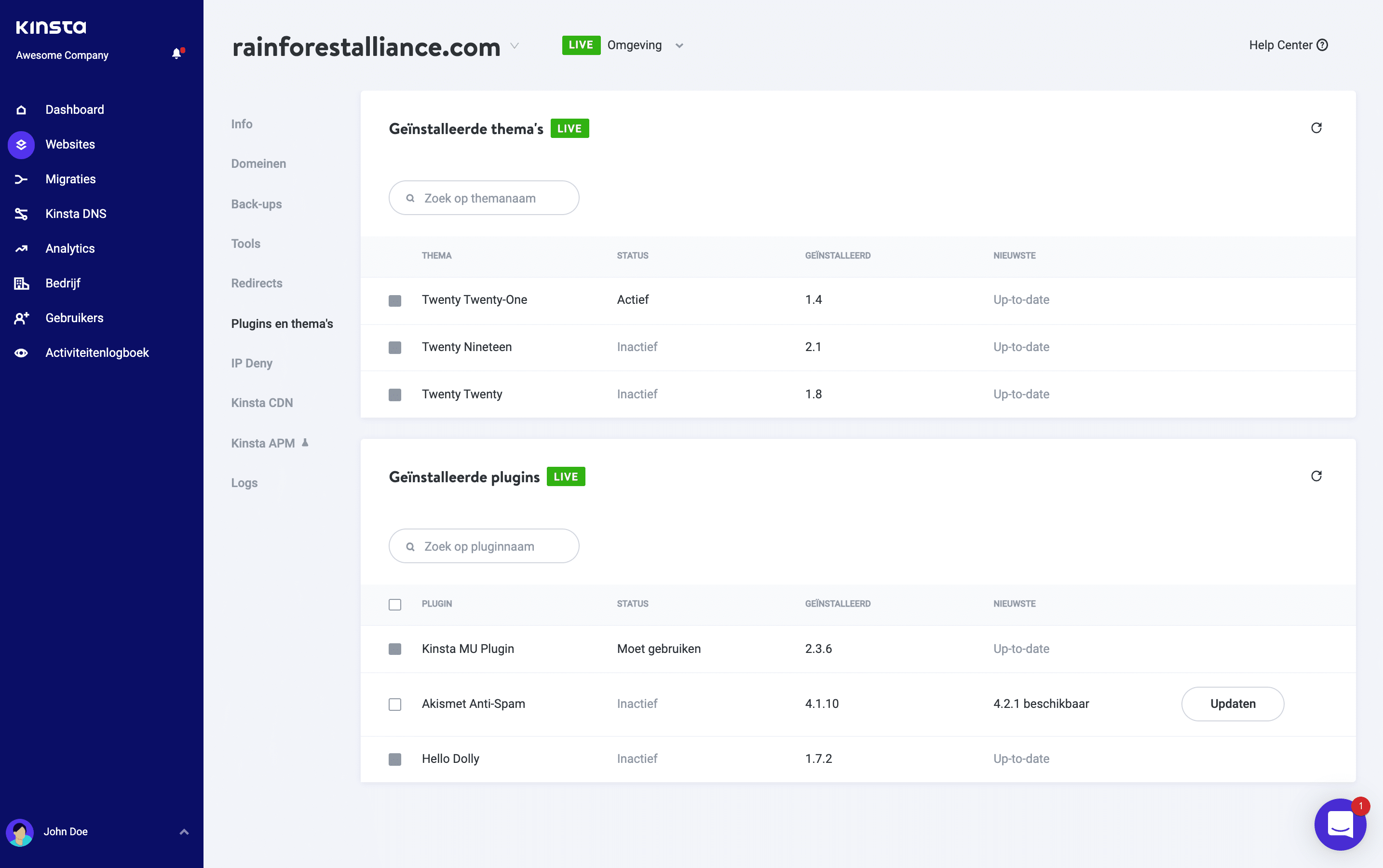 Plugins en thema's zien in MyKinsta.