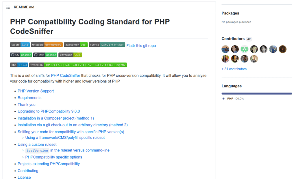 Screenshot van de PHPCompatibility GitHub pagina